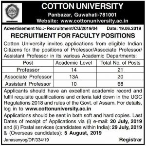 Cotton University recruitment 2019web Cotton University Assam recruitment 2019 for 109 Professor, Associate Professor, Assistant Professor