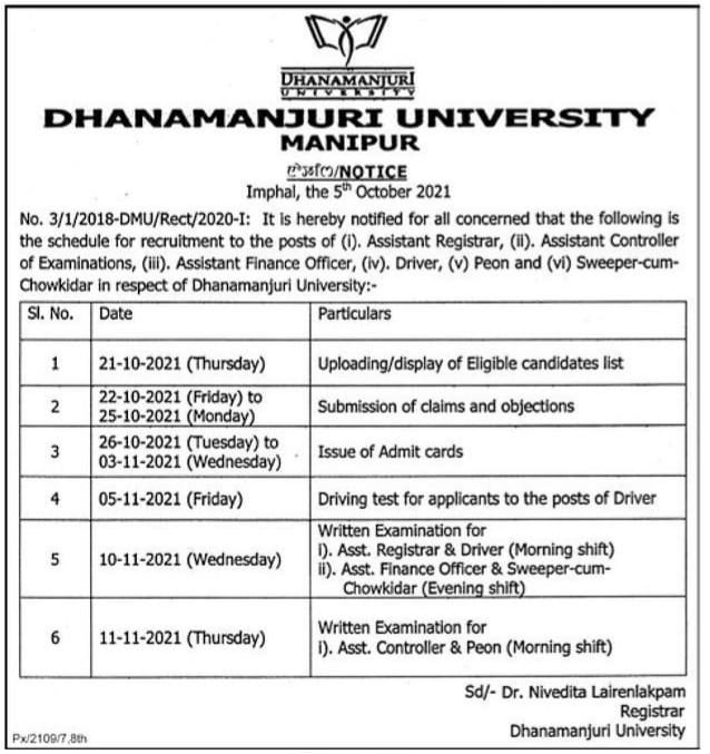 Dhanamanjuri University Recruitment 2021 Schedule of Recruitment for ...