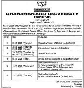 DMU Dhanamanjuri University Recruitment 2021 Schedule of Recruitment for various posts