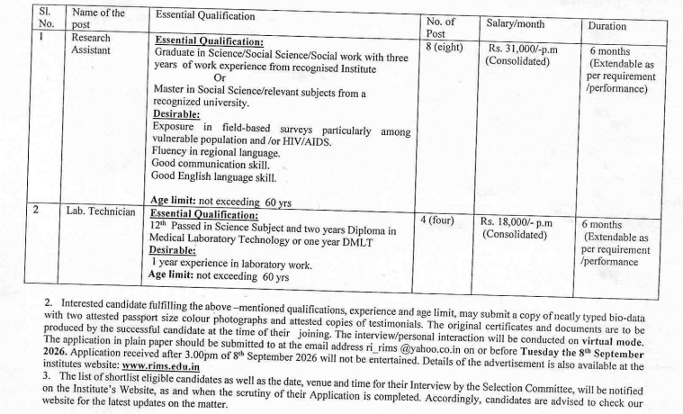 image 2 RIMS Imphal Recruitment 2026 for Research Assistant and Lab Technician – 12 vacancies | Qualifications - 12 passed and Graduate