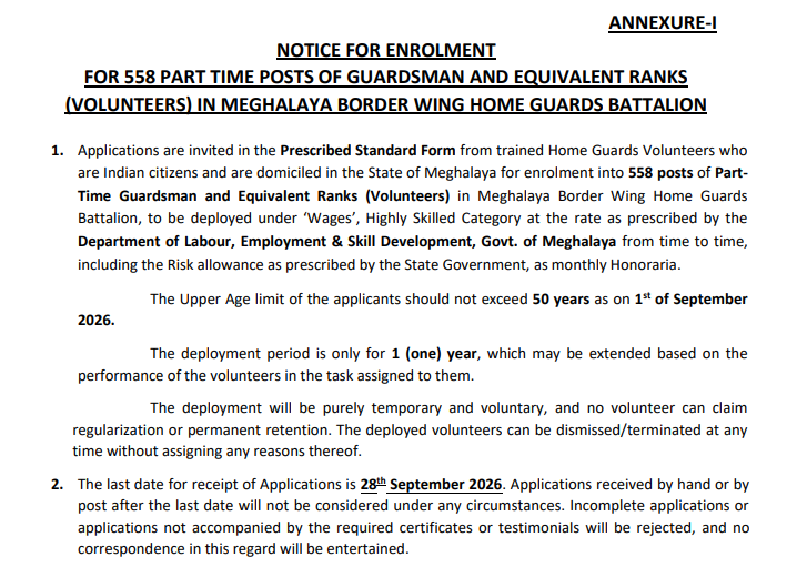 image 5 Meghalaya Home Guards Recruitment 2026 – 558 vacancies | Apply for Meghalaya Home Guards Vacancy Notification